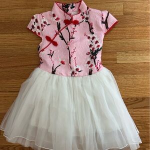 Chinese Qipao Style Pink Floral Dress with White Tulle Skirt